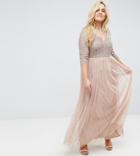 Maya Plus 3/4 Sleeve V Neck Maxi Dress With Delicate Sequin And Tulle Skirt - Pink