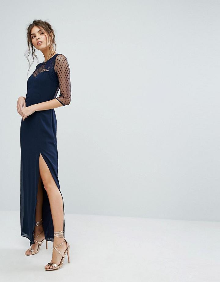 Elise Ryan Maxi Dress With Polka Mesh And Eyelash Lace Upper - Navy