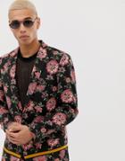 Asos Design Slim Suit Jacket In Floral Embroidery With Taping - Black