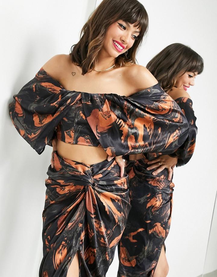 Asos Edition Off Shoulder Top In Dark Based Marble Print-multi