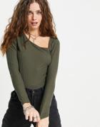 Only Ribbed Top With Asymetric Neck Detail In Khaki-green