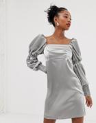 Reclaimed Vintage Inspired Mini Dress With Puff And Ruched Sleeve Detail - Silver