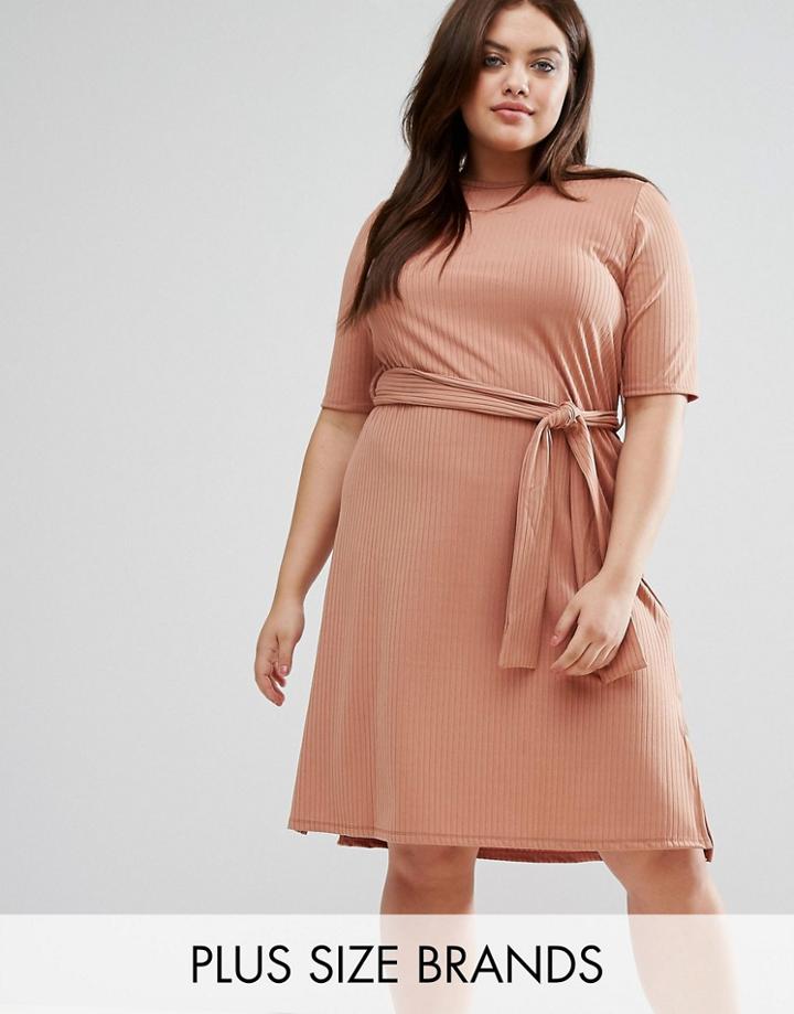 Pink Clove Plus Midi Rib Dress With Side Splits - Beige