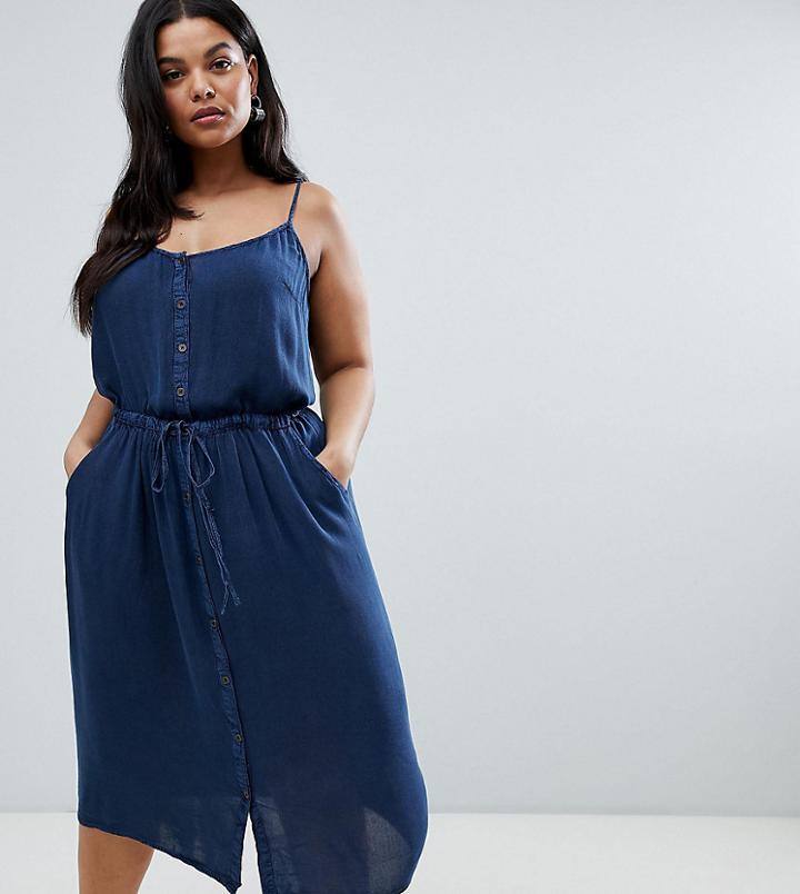 Brave Soul Plus Becky Button Through Midi Dress With Drawstrign Waist - Blue