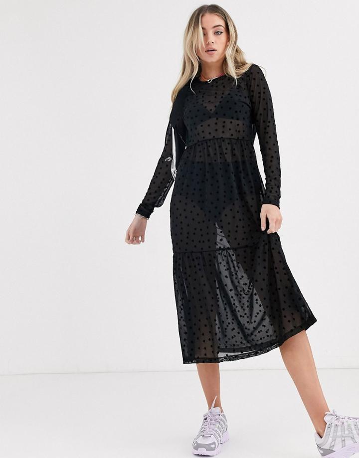 Noisy May Mesh Smock Midi Dress With Star Embroidery