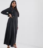 Verona Curve Long Sleeved Maxi Dress With Button Detail In Black - Black
