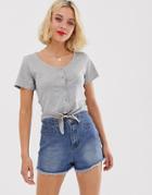 Brave Soul Crop T Shirt With Tie Front And Button Detail-gray