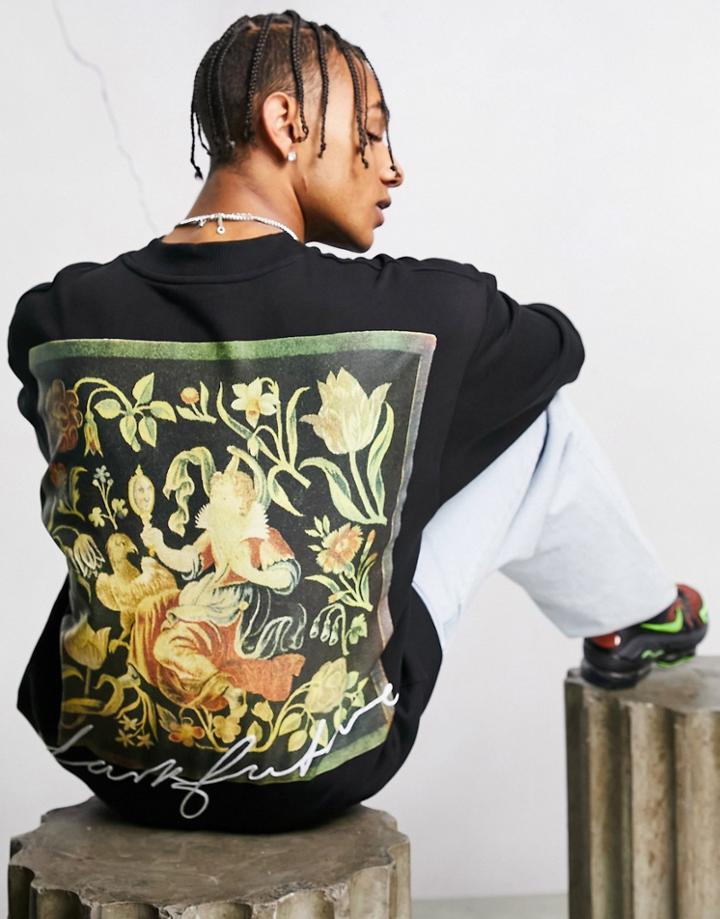Asos Dark Future Oversized Sweatshirt With Tapestry Back Graphic Print And Logos In Black
