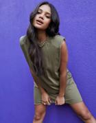 Asos Design Padded Shoulder Sleeveless Mini T-shirt Dress In Khaki-green