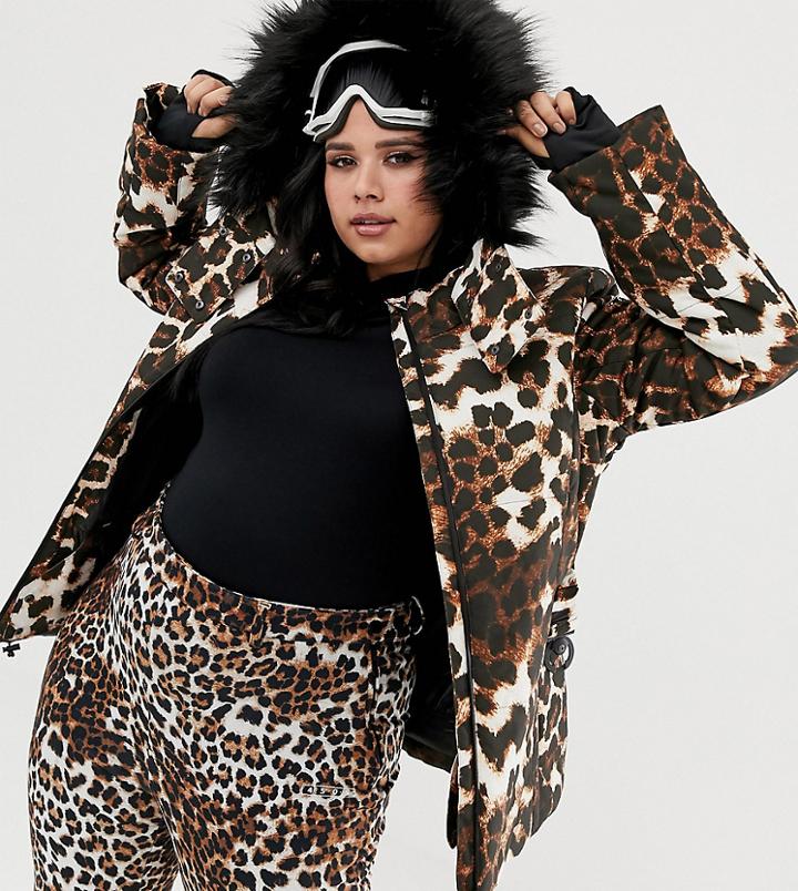 Asos 4505 Curve Ski Jacket With Belt And Padded Panel Detail In Leopard Print-multi