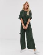 Asos Design Plisse Tie Front Culotte Jumpsuit - Green