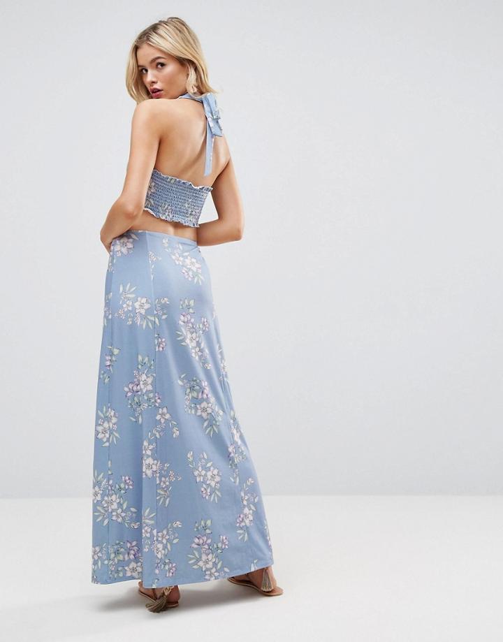 Asos Halter Neck Maxi Dress With Shirred Back Panel In Floral Print - Multi