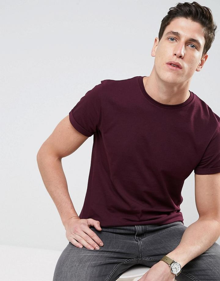Asos T-shirt With Crew Neck And Roll Sleeve In Red - Red