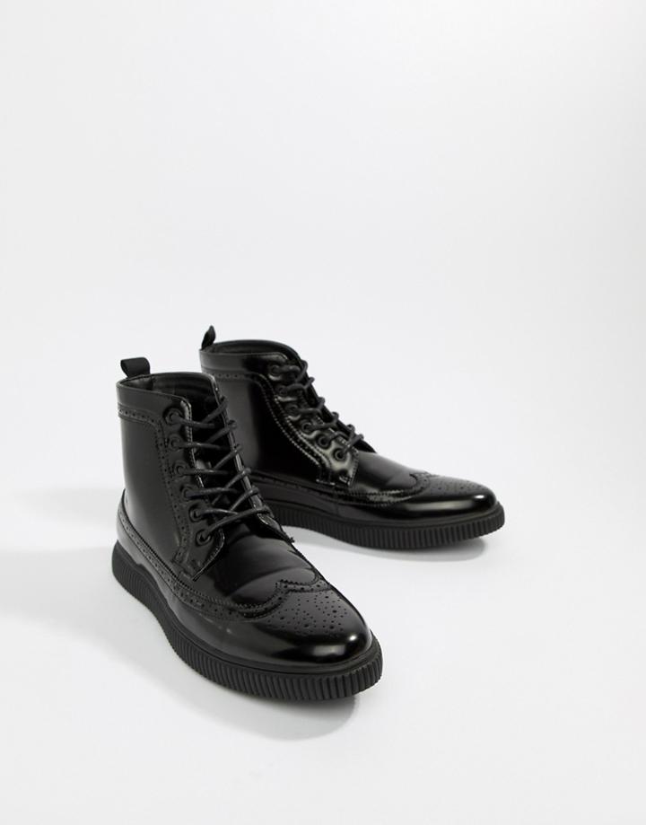 Asos Design Brogue Boots In Black Faux Leather With Creeper Sole - Black