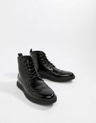 Asos Design Brogue Boots In Black Faux Leather With Creeper Sole - Black