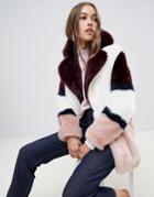 Jakke Mid Length Faux Fur Coat In Color Block - Red