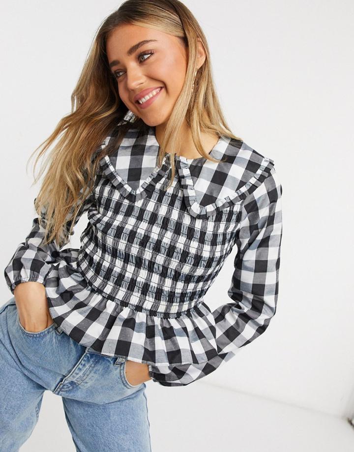Asos Design Checkered Top With Shirring And Ruffle Collar In Black And White-multi