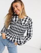 Asos Design Checkered Top With Shirring And Ruffle Collar In Black And White-multi