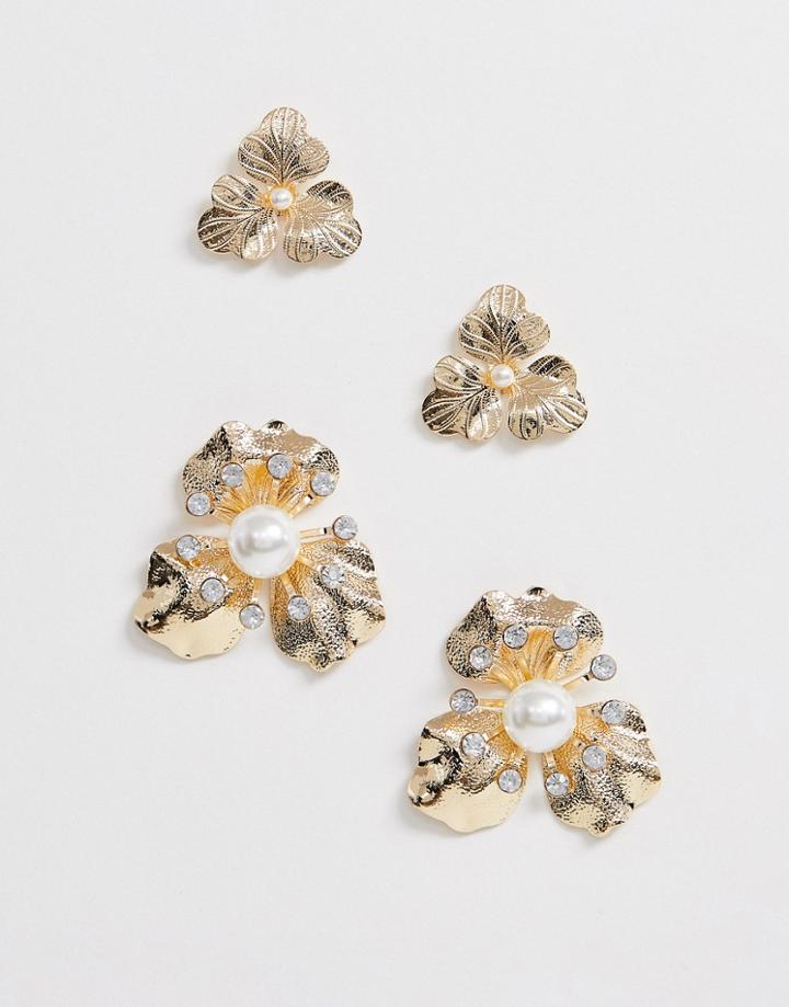 Asos Design Pack Of 2 Earrings In Floral Design With Pearl Detail In Gold Tone - Gold