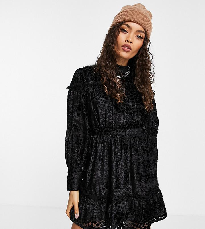 Topshop Petite Tiered Animal Devore Mini Dress In Black