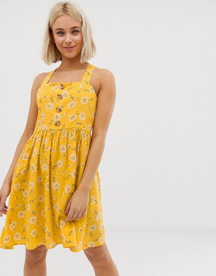 Qed London Button Front Sun Dress In Yellow Floral-multi