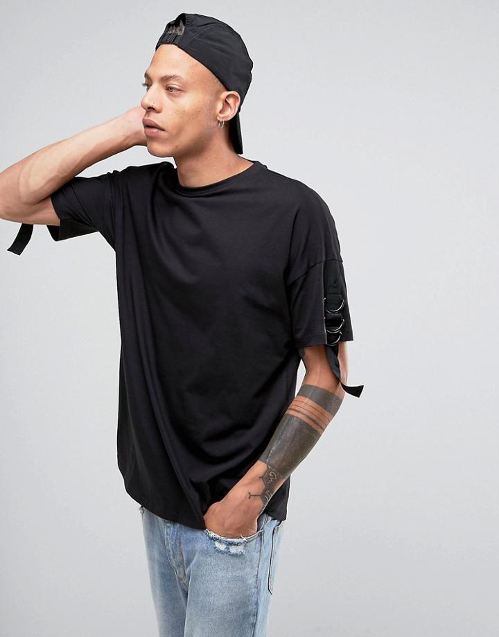 Asos Oversized T-shirt With Curved Hem And D-ring Sleeve Taping - Black