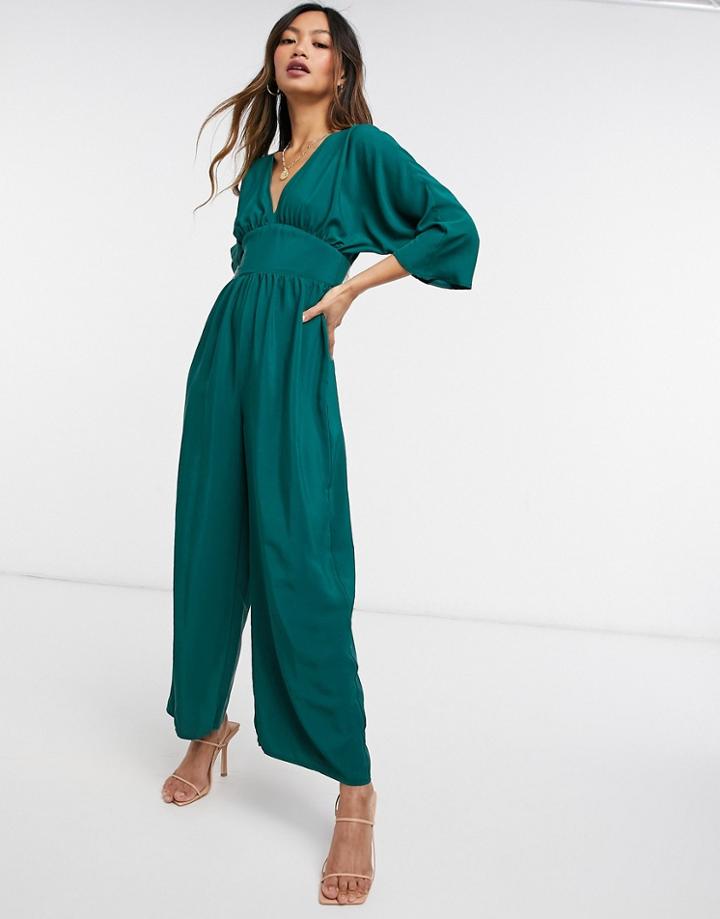 Asos Design Kimono Sleeve Culotte Jumpsuit In Forest Green