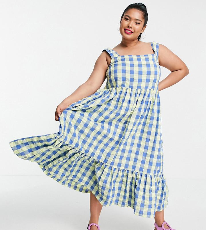 Collusion Plus Exclusive Gingham Midi Dress In Blue And Green-multi