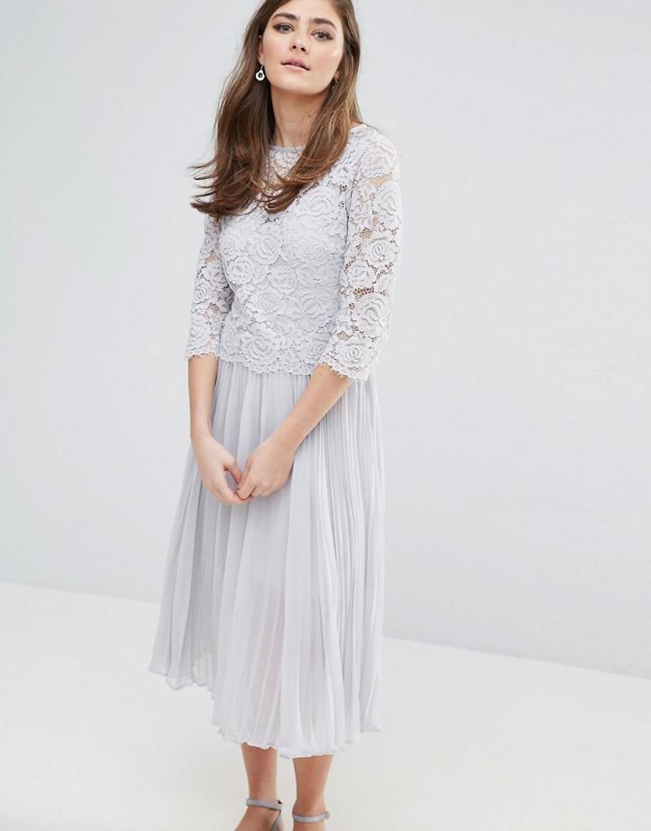 Oasis Lace Pleated Midi Dress - Gray