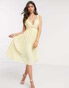 Asos Design Premium Twist Strap Lace Insert Midi Dress In Lemon-yellow