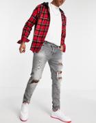 Asos Design Skinny Jeans With Heavy Rips In Washed Gray-grey