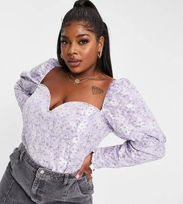 Collective The Label Curve Puff Sleeve Statement Top In Pewter Floral-purple
