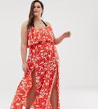 Asos Design Curve Double Layer Beach Maxi Dress In Flamenco Floral Stripe Print-multi