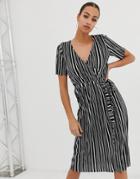 Asos Design Mono Stripe Belted Plisse Wrap Dress-multi