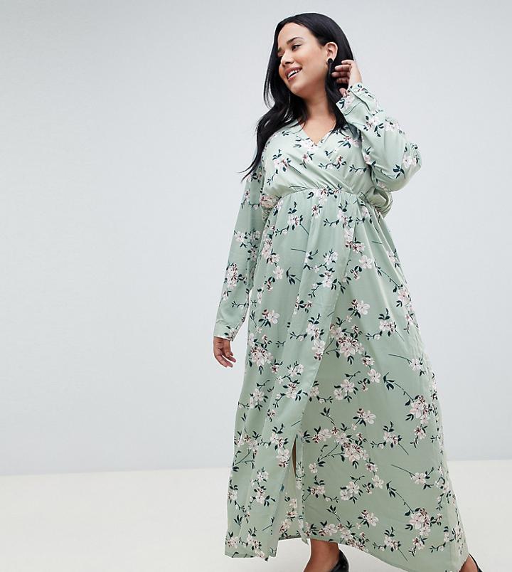 Uttam Boutique Plus 3/4 Sleeve Floral Wrap Maxi Dress - Multi