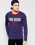 Asos Muscle Long Sleeve T-shirt With Varsity Print And Contrast Yoke - Navy