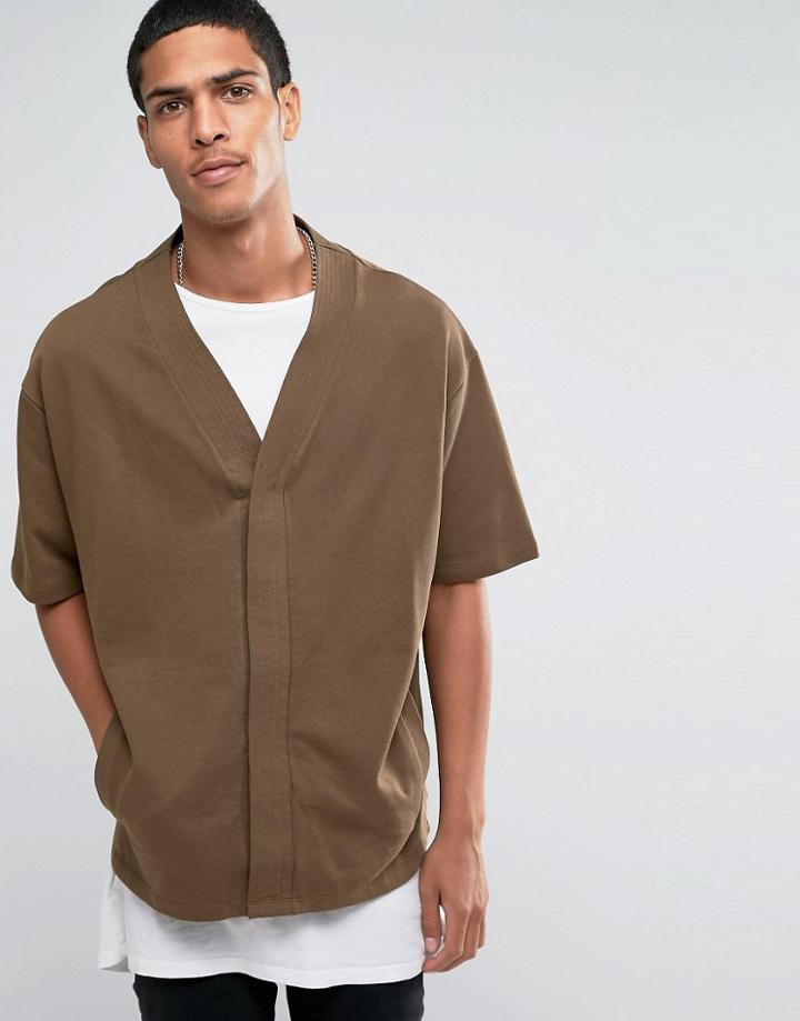 Asos Jersey Short Sleeve Cardigan In Khaki - Brown