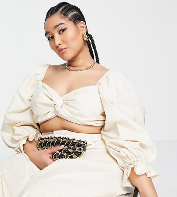 Yaura Plus Balloon Sleeve Crop Top In Oyster - Part Of A Set-white