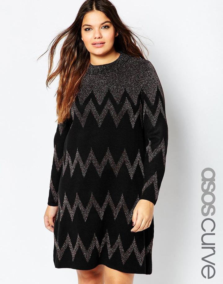 Asos Curve Swing Dress In Sparkle Chevron Stripe - Multi