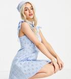 Asos Design Petite Eyelet Mini Skater Dress With Bunny Ties At Shoulders In Cornflower Blue-blues
