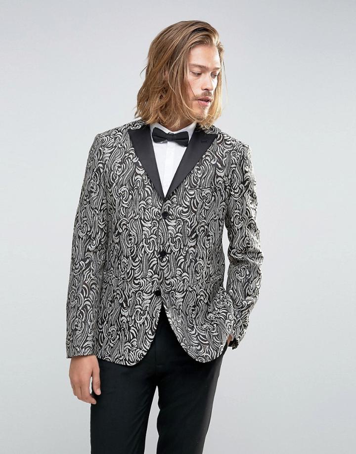 Asos Slim Blazer With Black Textured Jaquard Design - Black