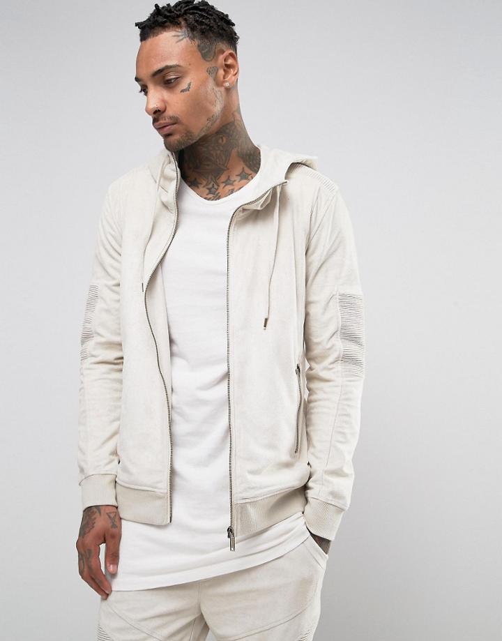 Black Kaviar Suedette Biker Hoodie - Beige