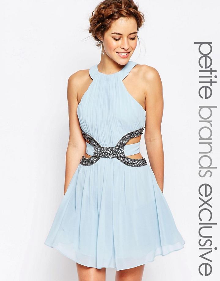 Little Mistress Petite High Neck Skater Mini Dress With Embellished Cutout - Pale Blue