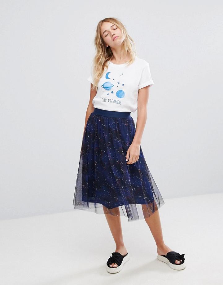 Monki Cosmic Space Mesh Midi Skirt - Blue