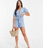 Influence Tall Tie Waist Romper In Chambray-blues