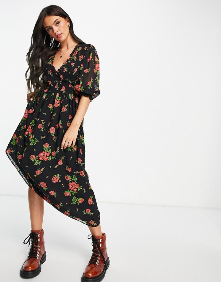 Asos Design Midi Smock Dress With Shirred Cuffs In Black Base Floral Print-multi