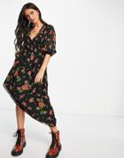 Asos Design Midi Smock Dress With Shirred Cuffs In Black Base Floral Print-multi