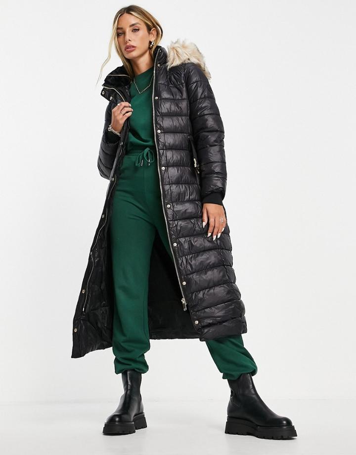 River Island Longline Padded Jacket With Faux Fur Hood In Black