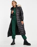 River Island Longline Padded Jacket With Faux Fur Hood In Black