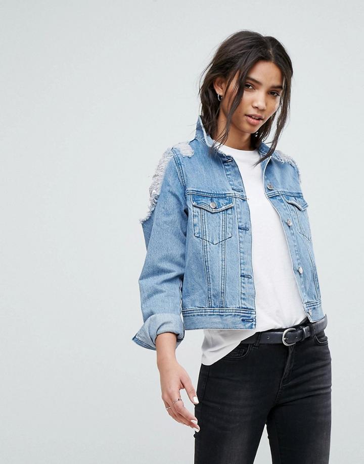Dr Denim Denim Jacket With Ripped Shoulder Detail - Blue